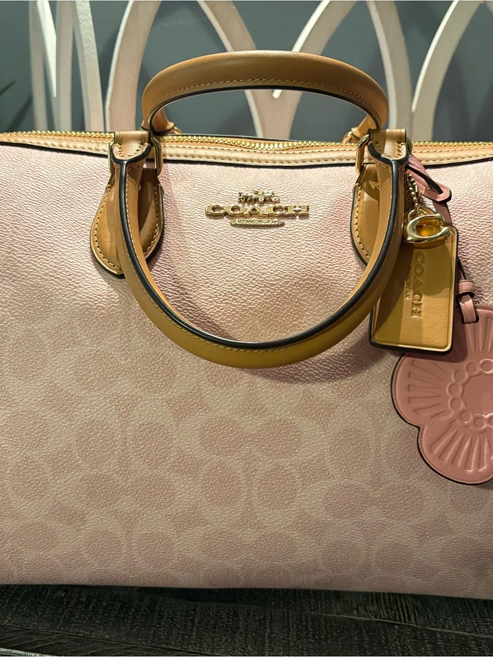 Coach Signature powder pink large Rowan Satchel with Tan Trim and Gold Hardware